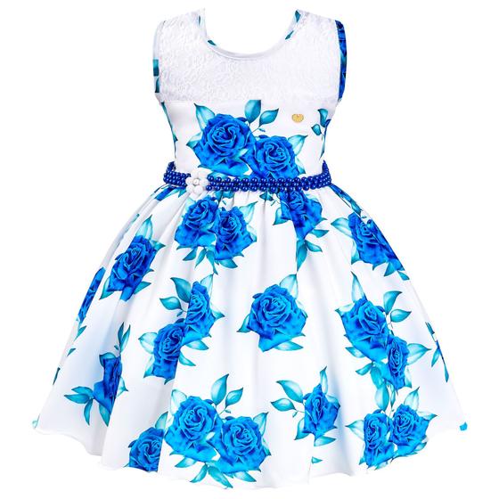 Imagem de Vestido infantil floral azul e branco detalhe renda casamento formatura
