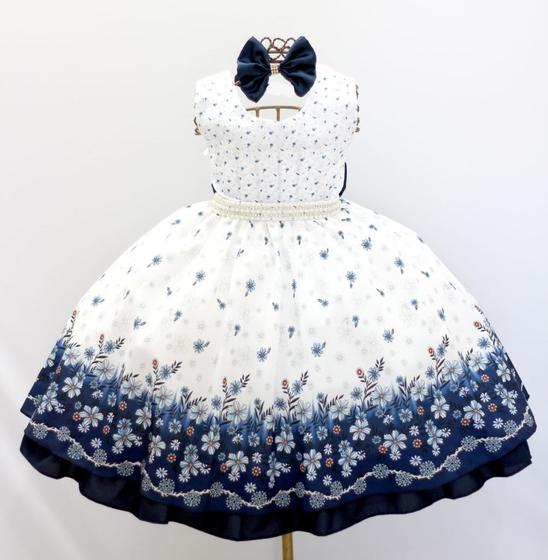 Imagem de Vestido Infantil Floral Azul Marinho Luxo E Tiara