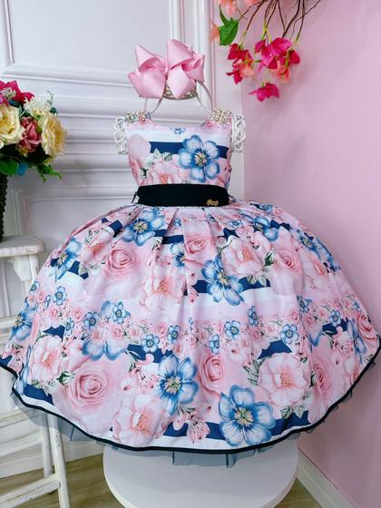 Imagem de Vestido Infantil Floral Rosa e Azul Marinho Pérolas Strass Luxo Festa 3450RA