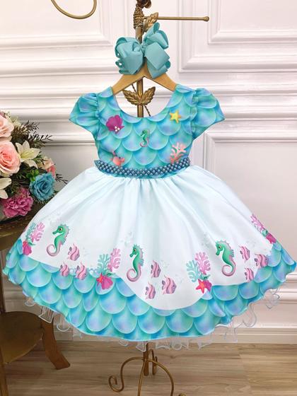 Imagem de Vestido Infantil Fundo do Mar Com Cinto de Pérolas Luxo