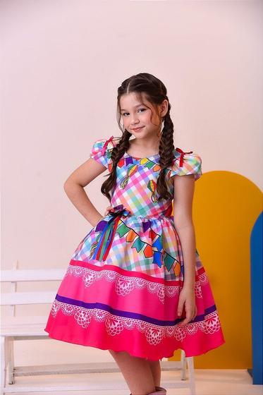Vestido Infantil Junino Festa São Joião Luxo Xadrez Colorido no