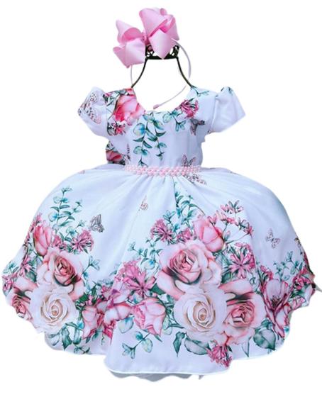 Imagem de Vestido Infantil Juvenil Branco Florido Com Manguinha Perfeito para Princesa Daminha Festa Casamento