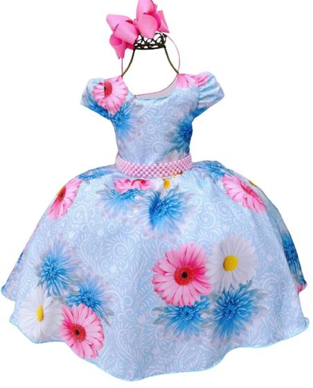 Imagem de Vestido Infantil Juvenil Florido Azul Com Lindas Flores Princesa Casamento Formatura Daminha