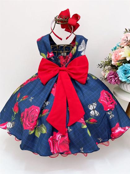 Imagem de Vestido Infantil Juvenil Florido Azul e Vermelho Jardim Encantado