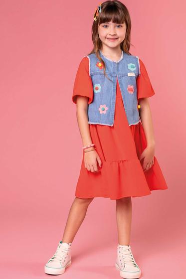 Imagem de Vestido Infantil Kukie Tropical Vermelho com Colete Jeans Flor