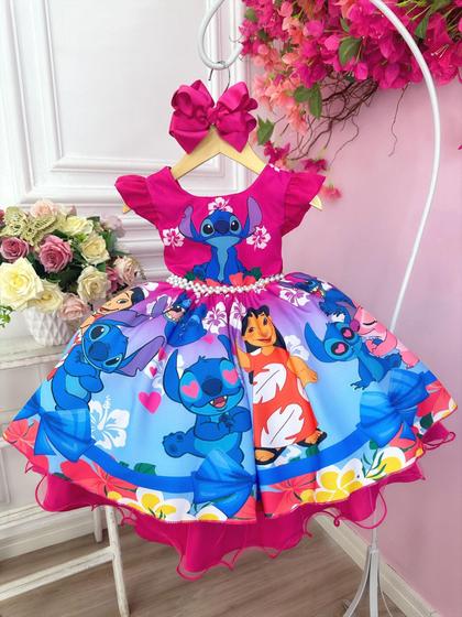 Imagem de Vestido Infantil Lilo e Stitch Pink Cinto Perolas Festa Meninas