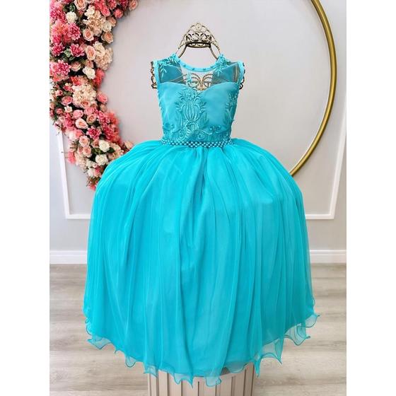 Imagem de Vestido Infantil Longo Azul Turquesa Formatura Casamento Dama Daminha Florista Noivinha Festa Social Evento Rodado Luxo