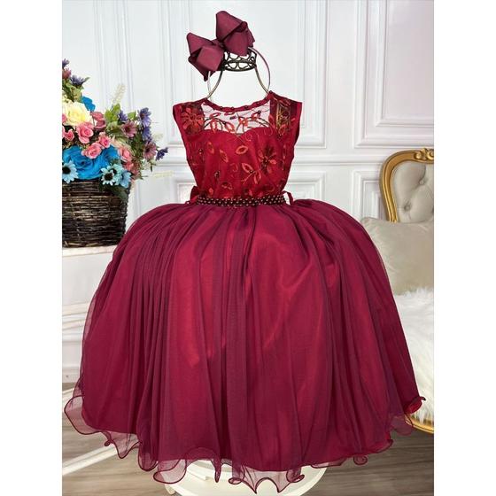 Imagem de Vestido Infantil Longo Marsala Vinho Bordô Formatura Casamento Florista Noivinha Festa Social Evento Princesa Realeza