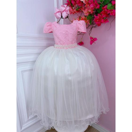 Imagem de Vestido Infantil Longo Rosa Claro Bebê Formatura Casamento Dama Daminha Florista Menina Luxo Festa Off White