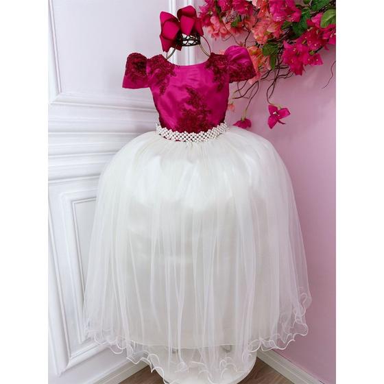 Imagem de Vestido Infantil Longo Rosa Pink Fucsia Barbie Casamento Formatura Renda Saia Branca Off White Dama Daminha Florista