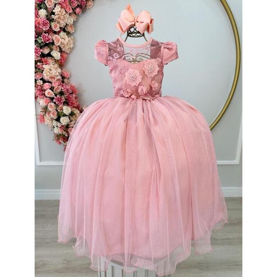 Imagem de Vestido Infantil Longo Rose Rosê Rosê Rosa Chá Formatura Casamento Dama Daminha Florista Noivinha Festa Rodado Social