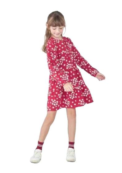 Imagem de Vestido Infantil Manga Longa Floral - Vermelho