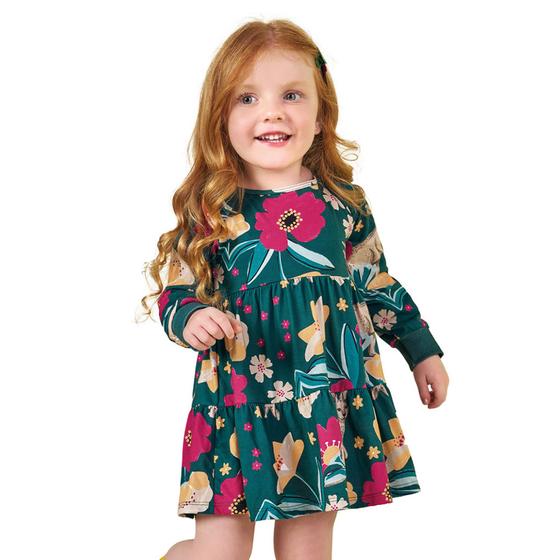 Imagem de Vestido Infantil Manga Longa Meia Malha Flores Verde Profundo Nanai