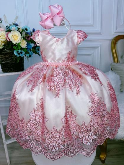 Imagem de Vestido Infantil Marfim C/ Renda Rosa Realeza Cinto Pérolas luxo festa 4610MM