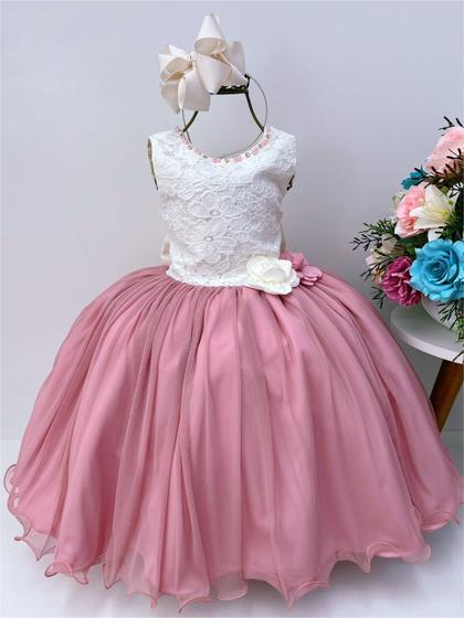 Imagem de Vestido infantil marfim saia rose aplique flores pérolas