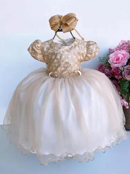 Imagem de Vestido Infantil Menina Bonita Florido Dourado Batizado
