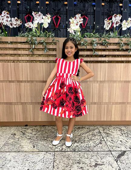 Imagem de Vestido infantil menina floral rodado vermelho listrado princesa