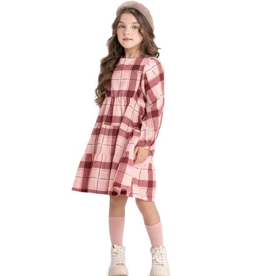 Imagem de Vestido Infantil Menina Inverno Flanela Xadrez Rosa Tam 6 a 14 - Angerô