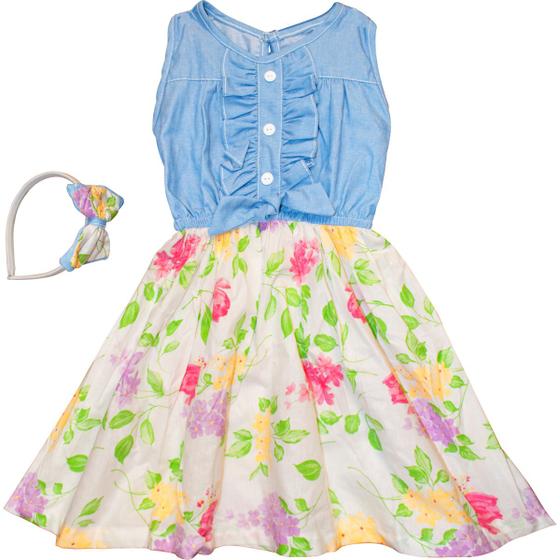 Imagem de Vestido Infantil Menina Jeans Saia Florida Festa Ano Novo