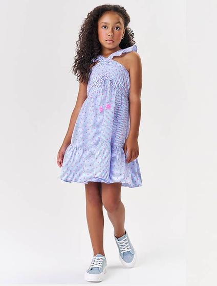 Imagem de Vestido Infantil Menina Listrado Flor Azul Catavento