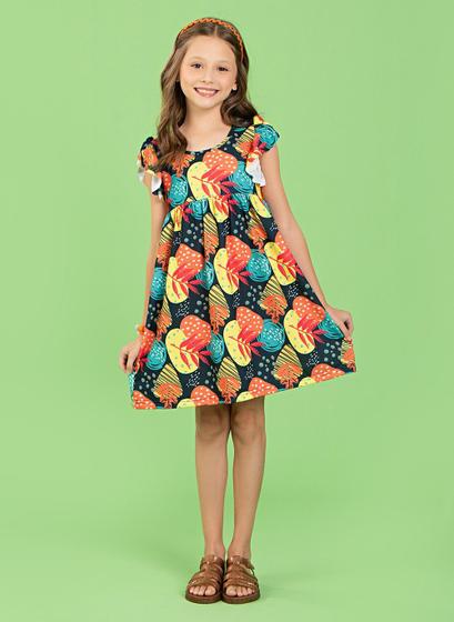 Imagem de Vestido Infantil Menina Marinho Com Manga Babado Folhas Encantadas