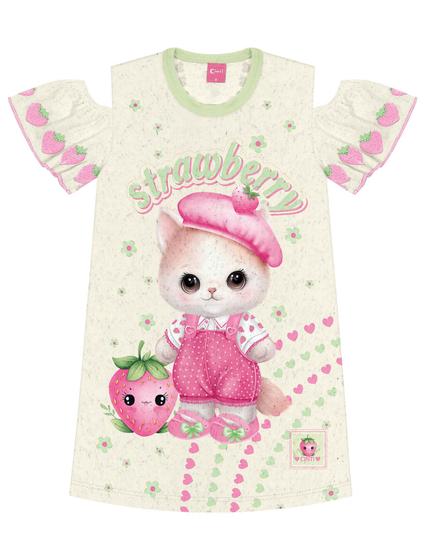 Imagem de Vestido Infantil Menina Strawberry Gatinha Off White E Verde Cinti