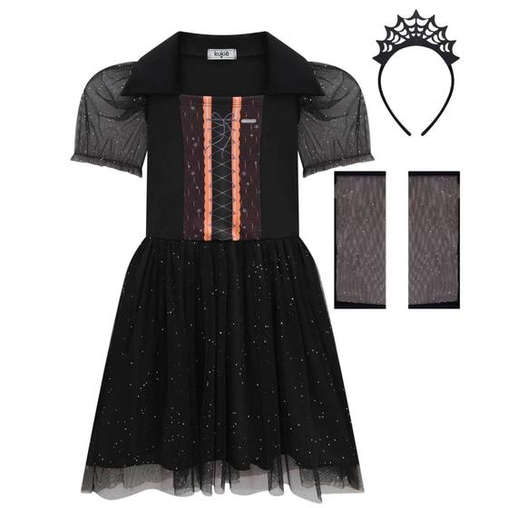 Imagem de Vestido Infantil Menina Verão Fantasia de Bruxa Vampira (Vestido + Arco + Luva) 4 a 12 - Kukiê