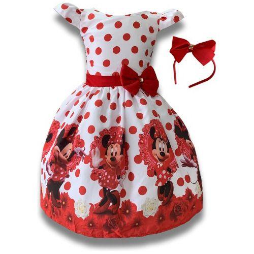 Imagem de Vestido Infantil Minnie Branco C/ Vermelho  Festa + Tiara