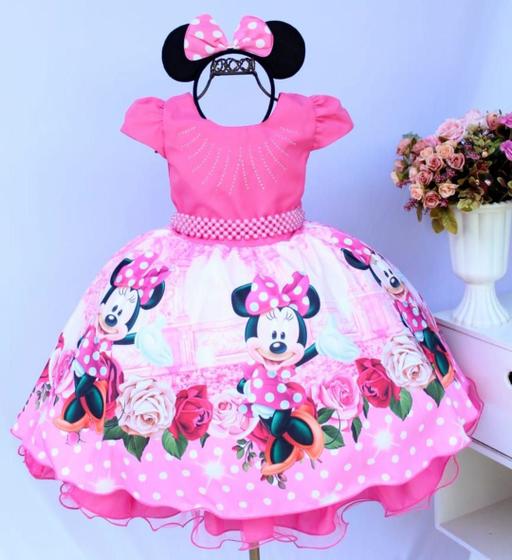 Imagem de Vestido Infantil Minnie Pink Festa Luxo Tiara