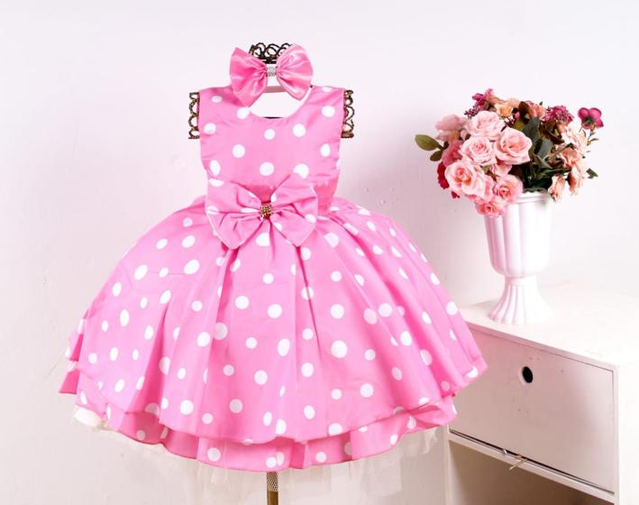 Imagem de Vestido Infantil Minnie Poa Rosa Regata Luxo E Tiara