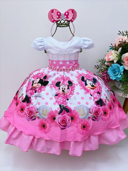 Imagem de Vestido Infantil Minnie Rosa Bolinhas Pérolas C/ Tiára