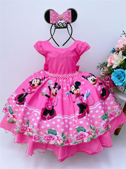 Imagem de Vestido infantil minnie rosa chiclete cinto de pérolas  super  luxo tematico