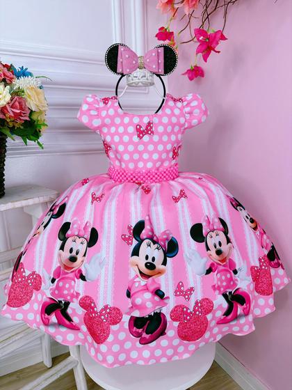 Imagem de Vestido Infantil Minnie Rosa Com Cinto de Pérolas Luxo