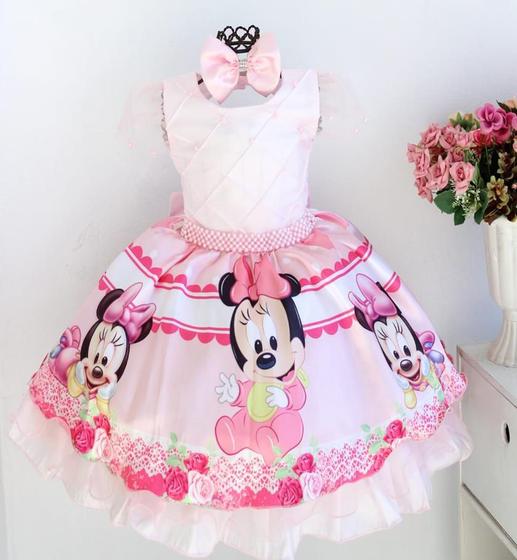 Imagem de Vestido Infantil Minnie Rosa Luxo Festa Aniversario E Tiara