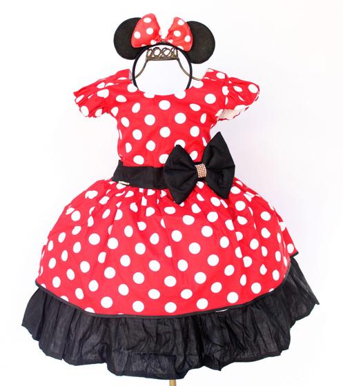 Imagem de Vestido Infantil Minnie Vermelho Festa Temático Luxo Com Tiara De Orelha