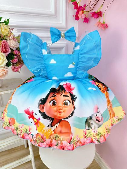 Imagem de Vestido Infantil Moana  Moanna Azul Bebê C/ Laço Festas Luxo