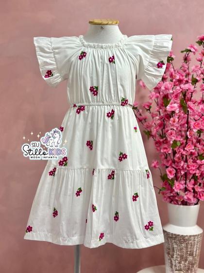 Imagem de Vestido Infantil Momi Verão Manga Curta Branco Rosas Delicadas