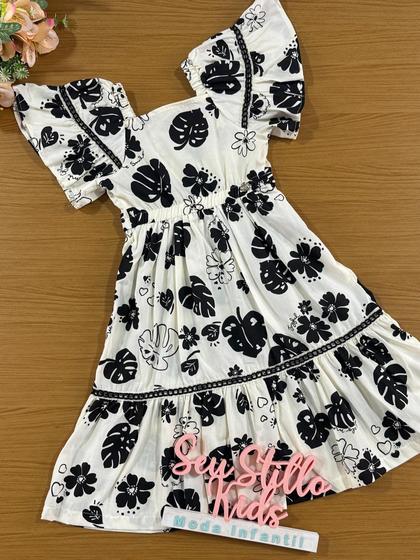 Imagem de Vestido Infantil Momi Verão Preto e Branco Folhagens