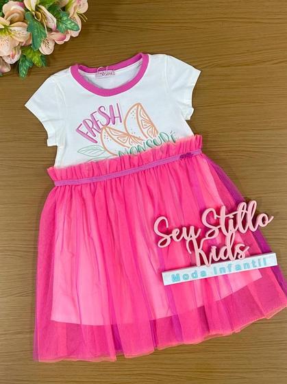 Imagem de Vestido Infantil Mon Sucre Verão Rosa Tule Frutas