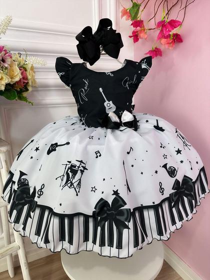 Imagem de Vestido Infantil Musical Preto e Branco C/ Broche Lacinho Luxo Festa 1110BR