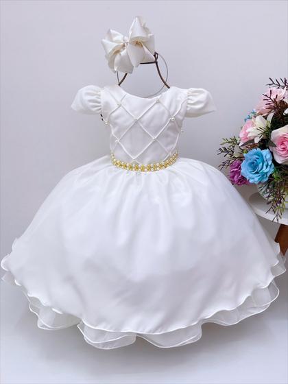 Imagem de Vestido Infantil Off White Cinto de Pérolas Casamento Luxo