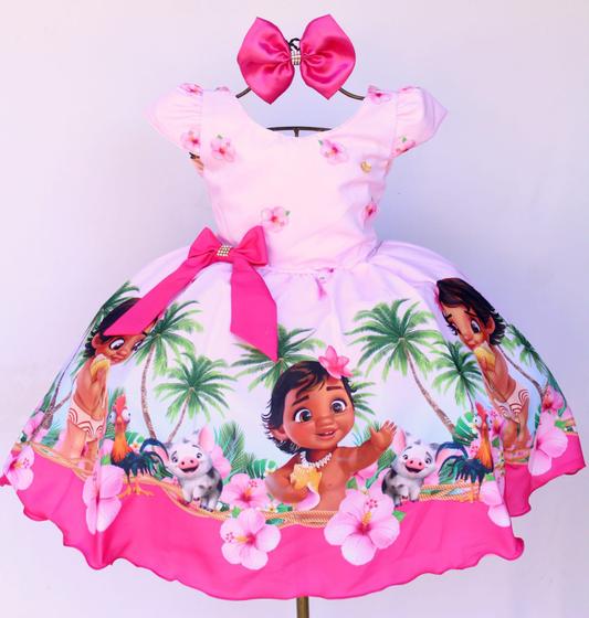Imagem de Vestido Infantil Para Festa Tema Moana Rosa Luxo E Tiara