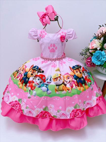 Imagem de Vestido Infantil Patrulha Canina Rosa Barrado Chiclete Luxo festa 8020RC