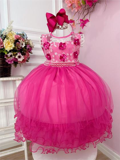 Imagem de Vestido Infantil Pink C/ Aplique de Flores e Renda Luxo