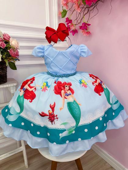 Imagem de Vestido Infantil Princesa Sereia Ariel Azul Cinto Pérolas