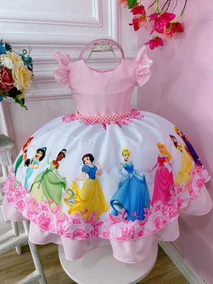 Imagem de Vestido Infantil Princesas Rosa Aniversário Festa C/ Tiara