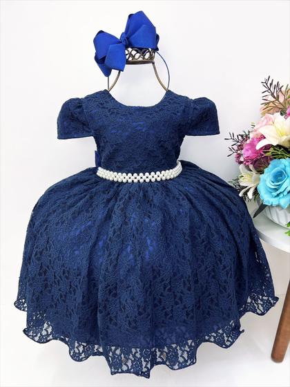 Imagem de Vestido Infantil Realeza Azul Marinho Renda e Pérolas Festa