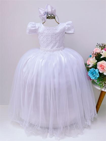 Imagem de Vestido Infantil Realeza Branco C/ Renda Pérolas Festa Luxo