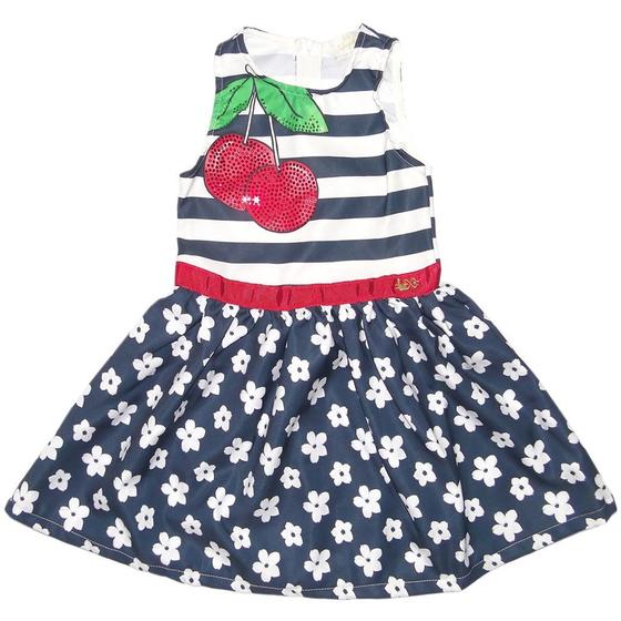 Imagem de Vestido Infantil Rodado Corpo Listras e Saia Margaridas Azul Marinho e Branco Luluzinha