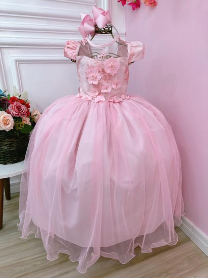 Imagem de Vestido Infantil Rosa C/ Aplique Flores E Renda Damas Luxo